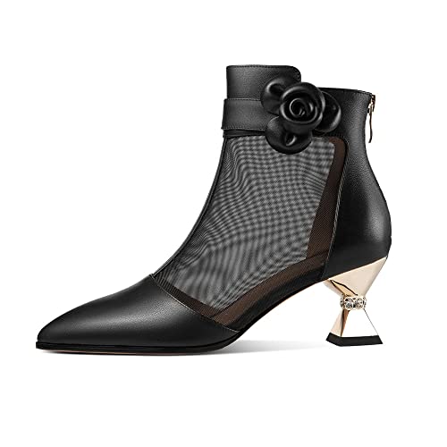 TinaCus Women's Pointed Toe Genuine Leather & Mesh Handmade Flower Décor Mid Heels Back Zipper Stylish Ankle Boots2