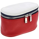 F_LA レッドコスメティックケース、ホワイトキルトトップ付きメイクアップバッグ、プレミアムビーガンレザーコスメティックポーチ、旅行用トイレタリーオーガナイザー、ダブルジッパークロージャー、マリンネイビーのアクセント、必需品用コンパクトバニティケース