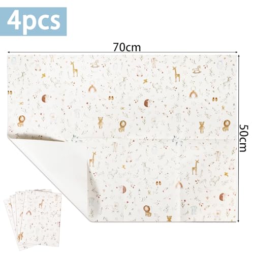 COMOOKA 4 Bögen Taufe Geschenkpapier Baby 50x70 cm Kinder Mädchen Geschenkpapier Tiere Falten Verpakungspapier Babyparty Geschenke für Mädchen Jungen Kindergeburtstag