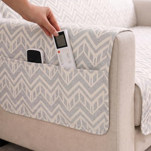 Image of STITCHNEST 'CloudFeel Series' Quilted Printed Velvet Sofa Cover for 1 Seater | Premium Soft Velvet Sofa Protector | Grey Chevron Geometric Design with Armrest Pockets | Furniture Cover