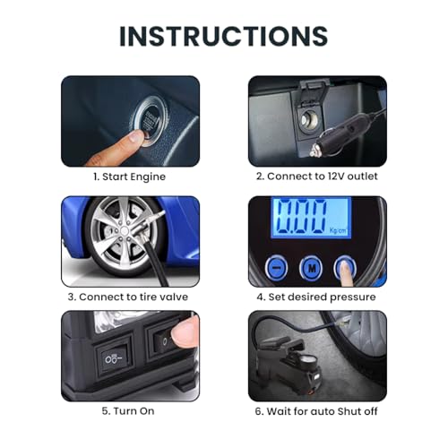 Image of MEGAAUDIO MATI08 Digital Tyre Inflator | 12V, 10A, 120W Power, 100 PSI High Pressure Output | Vertical Air Compressor with Emergency LED Light, Fast Inflation Pump for Cars, Bikes, Balloons