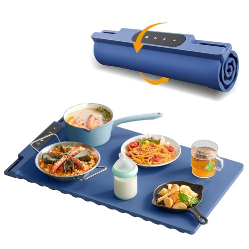 Food Warming Mat, Electric Warming Tray, Portable Food Warming Tray with 10 Temperature Settings, Roll Up Silicone Heating Mat with Timer Function, Child Safety Lock, for Buffet Home Dinners, Blue