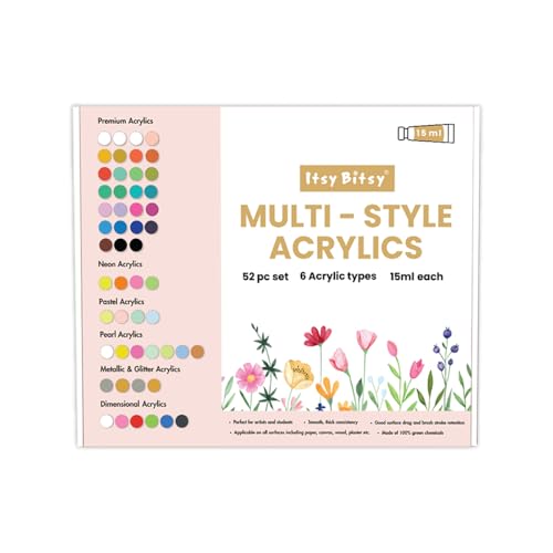 Image of Itsy Bitsy Multi Style Acrylic Paint Set 52 Colors x 15ml Each Box | Premium Artist Paints for Canvas Wood Fabric Glass | Non-Toxic Water-Based Colors for Beginners Students & Professionals