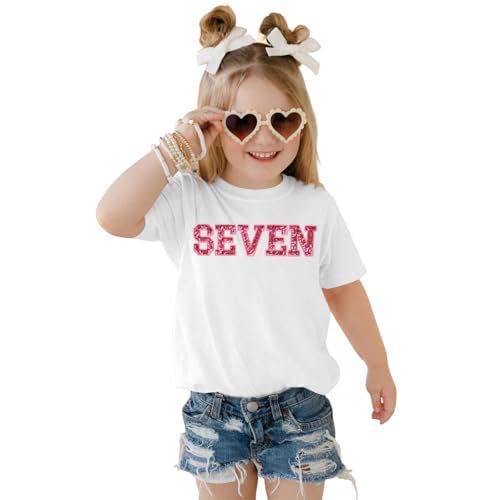 Girls Birthday Shirt 7th Birthday T-Shirt Kids Girls Seventh Bday Tees Party Outfit 7 Year Old Sequin Patch Summer Top(White-Seven 7T)