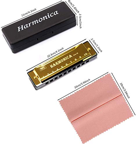 Yoksas 4Pcs Harmonicas Set C Key 10 Hole With Case Cleaning Cloth Adults Beginner Students Kids(Green,Gold,Blue,Silver) #TOP1