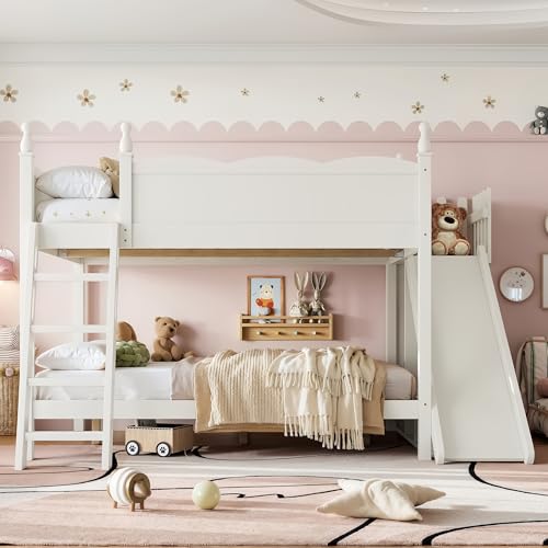 Image of Bellemave Bunk beds Full Over Full with Slide and Stair, Low bunk /loft Bed for Kids,Beige