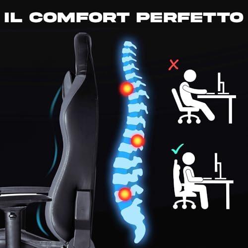 eSports - Sedia gaming nera di Alta Qualità + Supporto Lombare e Cervicale + Reclinabile + Poltrona Gaming Ergonomica e Regolabile + Pelle Sintetica e Materiali Premium [NUOVA VERSIONE 2023] - Sedia gaming - Immagine 7