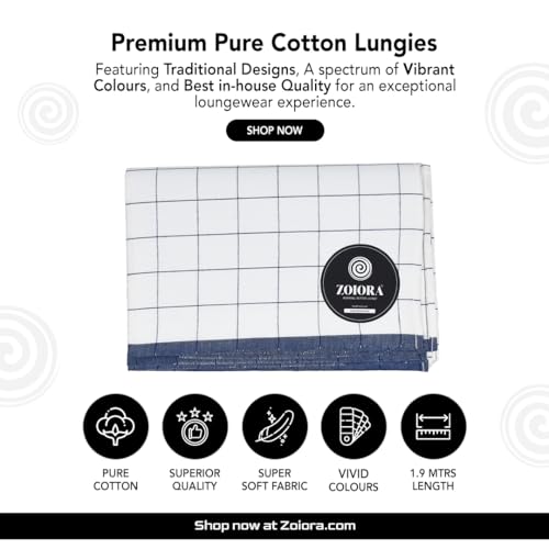 Image of Pure Cotton Lungi for Men, Premium Ethnicwear for Men | Blue Checkered Lungi | Hem Stitched Premium Single Dhoti | 100% Cotton Mundu (1.90 x 1.28 Meters)