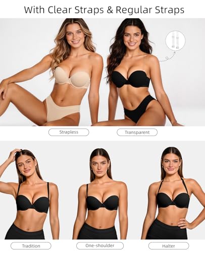 Image of Strapless Push Up Bras for Women Padded Add 1 Cup with Clear Straps