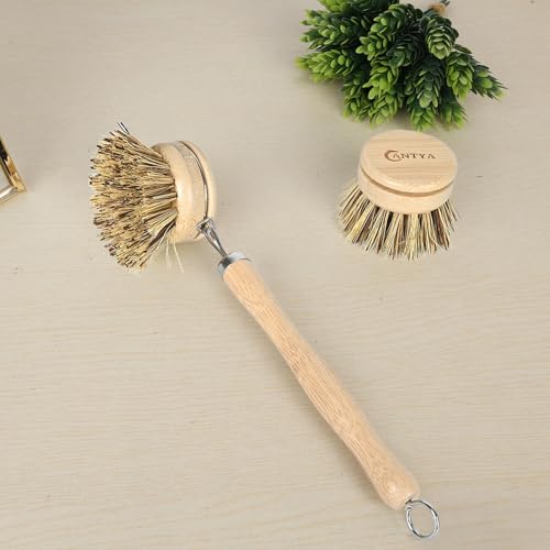 Image of Bamboo Dish Scrubber with Handle - Hard Bristle Natural Bristle Brush Sustainable & Biodegradable Kitchen Scrub Brush for Dishes Pans and Pots
