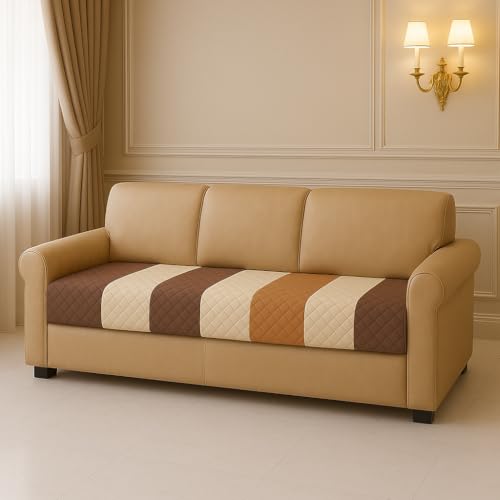 Image of Brown Stripes Quilted Velvet Sofa Cover - 5-Seater (3+1+1) - Premium Hotel-Style Look - Soft Quilted Velvet - Anti-Slip Backing - Indian Size Fit - Couch Cover - Made in India