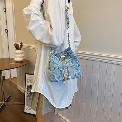 Jean Purses for Women, Distressed Jean Denim Bucket Bags Quilted Crossbody, Small Shoulder Bag Drawstring Handbag4