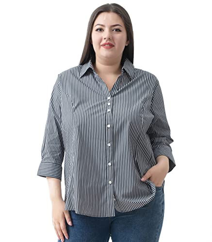 Plus Size 3/4 Sleeve Shirts For Women Button Down Shirts V Neck Women Blouses Tops Business Casual Stretch Shirts(154,2X) #TOP5