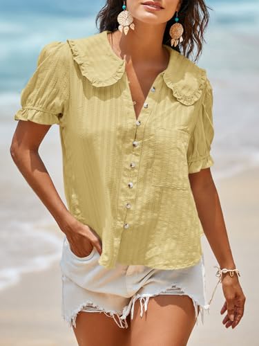 Image of Tankaneo Womens Puff Sleeve Shirts Peter Pan Collar Button Down Cotton Blouse Casual Summer Textured Tops