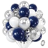 Zesliwy Navy Blue Silver Balloons Kit,50pcs 12inch Royal Dark Blue Metallic Silver White Balloon with Confetti Latex Balloon for Wedding Graduation 2026 Birthday Anniversary Party Decorations