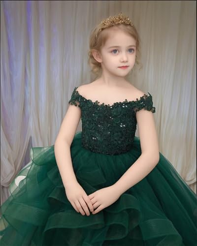 Off Shoulder Flower Girl Dress Sparkly Lace Appliques Puffy Tulle Pageant Dress for Girls Toddler Ball Gowns4