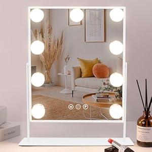 COOLJEEN Vanity Mirror with Lights, 9 Led Bulbs Lighted Makeup Mirror with Detachable 10X Magnification Mirror, Hollywood Mirror 3 Color Lights Tabletop Makeup Mirror, 360°Rotation