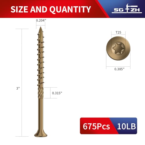 Image of #10 x 3 Inch Deck Screws (675Pcs) 10lb. Carbon Steel, Yellow, Flat Head, Rust Resistant epoxy Coated, with T25 Star Bit