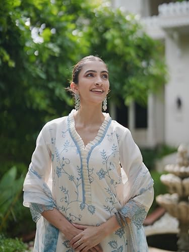 Image of INDO ERA Women's Silk Blend Kurta and Pant with Dupatta Set