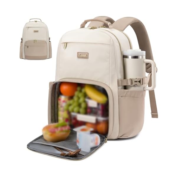 LOVEVOOK Lunch Backpack with Lunch Compartment,15.6 Inch Laptop Work Travel Insulated Cooler Backpack Purse,Waterproof College Teacher Lunch Bag Box with Tumbler Holder,Gifts for Men Women,Beige-Khaki