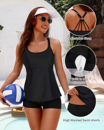 Image of Yonique Two Piece Tankini Swimsuits for Women with Shorts Tummy Control Bathing Suits Athletic Swimwear