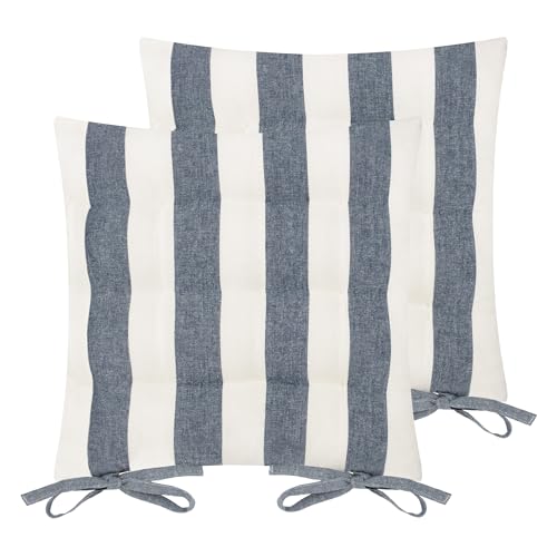 furn. Hayle 2 Pack Striped Cotton Seat Pad Cushion – Reversible Design, Indoor and Outdoor (Navy – 40x40cm)