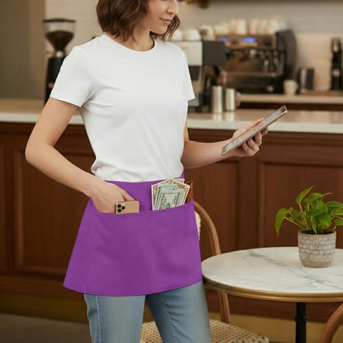Image of BOHARERS Waist Purple Apron with 3 Pockets - Black Waitress Server Short Apron