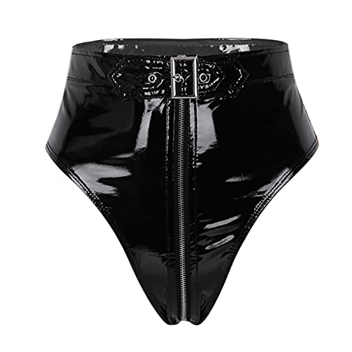 TiaoBug Damen Ouvert-Slip Glänzende Hotpants Leder Shorts Wetlook String Tanga Bikini Hose Pants Hipster Offener Schritt Panties Erotik Dessous Unterwäsche High Cut L