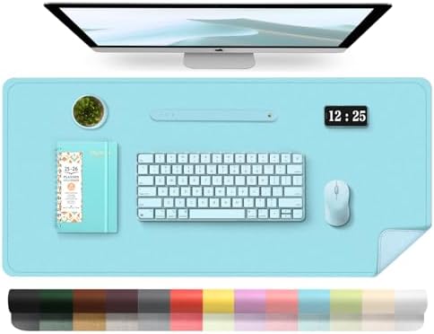 Leather Desk Pad Protector, 39.4'' X 17'' Large Mouse Pad, Office Desk Mat, Non-Slip PU Leather & Suede Base Desk Blotter, Laptop Desk Pad, Desktop Mat for Office Home, Aqua Frost Blue