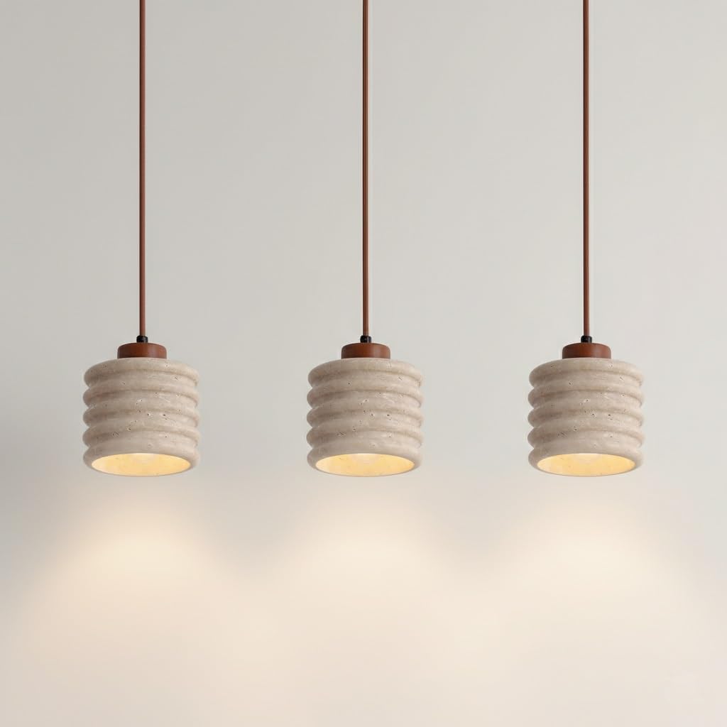 Vintage Stone Pendant Lights Kitchen Island, Cylindrical Ribbed Travertine Hanging Lamps Set of 3 Japanese Farmhouse Cream Chandelier for Dining Room