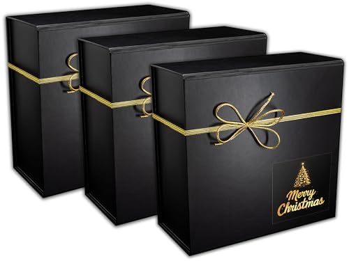 3er Pack Geschenkbox WEIHNACHTEN schwarz Christmas-Edition/Geschenkkarton mit magnetischem Deckel und Schleife, Geschenkverpackung Box mit Band und Weihnachtsmotiv