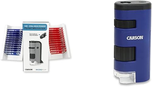 Carson MicroFlip - Microscopio de bolsillo con luz LED y UV de 100 x 250 x con base deslizante abatible y clip de digitcopio para smartphone