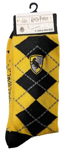Image of Harry Potter Embroidered House Crest Argyle Pattern Casual Crew Socks, Yellow (Hufflepuff), 4.5-12 UK