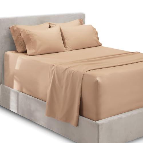 Image of Hearth & Harbor Luxury Soft 6 Piece Bed Sheet Set Extra Deep Pocket Fitted Sheets Fits Mattress up to 21 inch, Double Brushed Bedding, Queen, Taupe