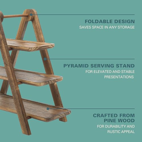 Image of Gibson Home Truss Peak 3 Tier Serving Tray for Party, 18 inch Acacia Wood Cupcake /Charcuterie /Dessert Farmhouse Tiered Platters with Collapsible Wood Rack