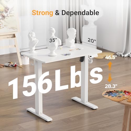 Image of YDN 35 inch Small Electric Standing Desk Adjustable Height, Sit Stand up Desk with Memory Presets & Cable Management, Home Office Desk for Office & Computer Workstation, White Frame /White Top