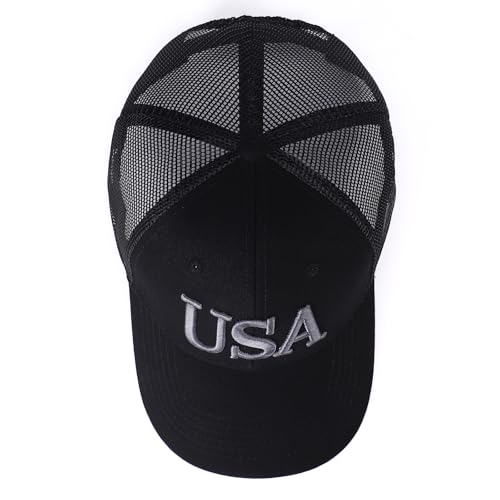 Image of USA Trucker Hat for Men & Women American Flag Cap Adjustable Baseball Cap Mesh Snap Patriotic 3D Embroidered Cap