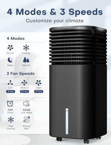 Image of Portable Air Conditioner, 3-IN-1 Evaporative Air Cooler Windowless, 4 Modes & 3 Speeds Personal Swamp Cooler w /Humidifier, Remote & 15H Timer, Evaporative Cooler for Room Home - Deep Black