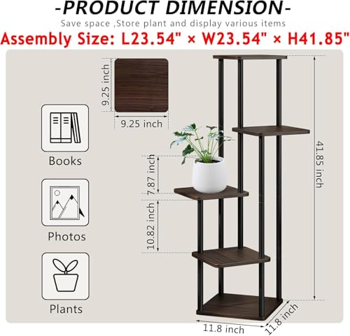 Image of JD FRESH 5 Tier Plant Stand /Metal & Premium Wood Flower Pot Stand for Multiple Plants Corner /Waterproof and Stable Tall Flower Holder for Indoor Living Room, Balcony and Garden Area (Black Oak)