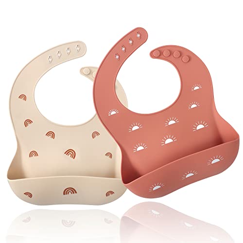 Image of ROCCED Baby Silicone Bibs 2 Sets Baby Bibs with Food Catcher for Girls Boys Toddlers BPA Free Waterproof Soft Durable Adjustable Silicone Bibs for Babies-Shifting Sand/Pale Mauve