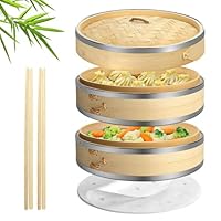 Flexzion Vaporiera di bambù (25,4cm /10 pollici) con fasce in acciaio inox 50x fodere e 2 paia di bacchette, Vaporiera di bamboo cestello cinese, Steamer vapore per cottura cucina cibo asiatico
