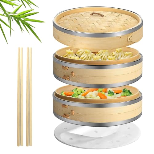 Flexzion Bambus Dampfgarer Set, Asiatischer Bambusdämpfer 2 Etagen mit Edelstahlstreifen & Deckel, 23cm Dämpfkorb mit 50 Backpapier & 2 Paar Essstäbchen, für Knödel, Fleisch, Fisch, Gemüse