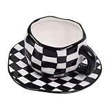 Koythin Ceramic Coffee Mug, Novelty Black and White Plaid Cup with Saucer for Office and Home, Dishw