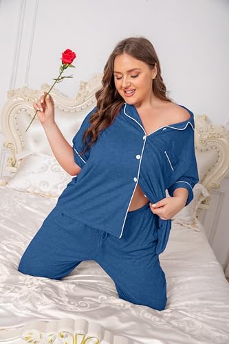 Image of Vozanet Women Plus Size Pajamas Button Down Rayon Softness PJS Classic Sleepwear Short Long Loungewear 2pcs with Pockets
