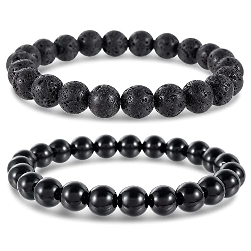 Bivei Natural Crystals Gemstone Stretchy Round Beaded Bracelet Lava Stone-M