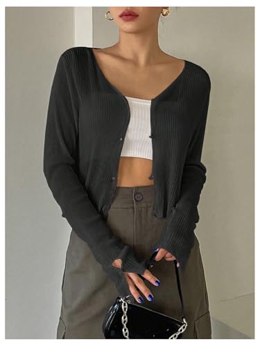 Floerns Women's Ribbed Knit Long Sleeve Button Front V Neck Cardigan Crop Top3