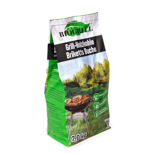 BIOGRILL Holzkohle Briketts 2 kg aus Reiner Buche, Premium Qualität...