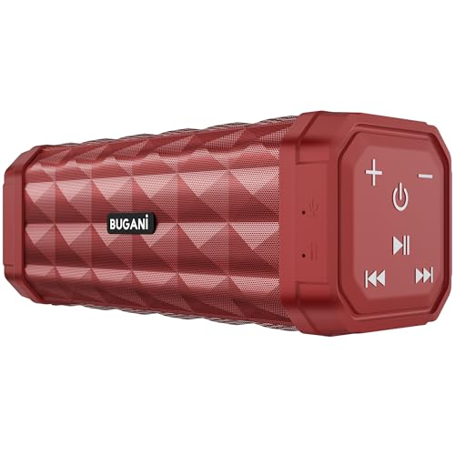 BUGANI Bluetooth Speaker Portable Wireless Speaker, 100ft Wireless Range, Louder Volume, Stereo Sound, Amazing Bass 24H Playtime, IPX5, Built-in Mic, Waterproof Speaker for Home, Outdoor, Red