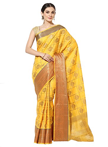 Banarasi Silk Works Cotton Saree With Blouse Piece(PTE93_Yellow_Free Size)