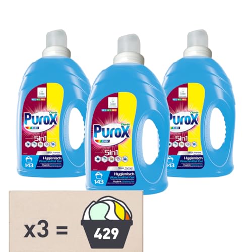 PUROX COLOR Konzentrat Gel 143 Waschladungen x 3 Multipack 4,3 l je Flasche – Entfernt Flecken, Schont Farben, Phosphatfrei, Vollständig Ausspülbar, Ideal für Hand- und Maschinenwäsche